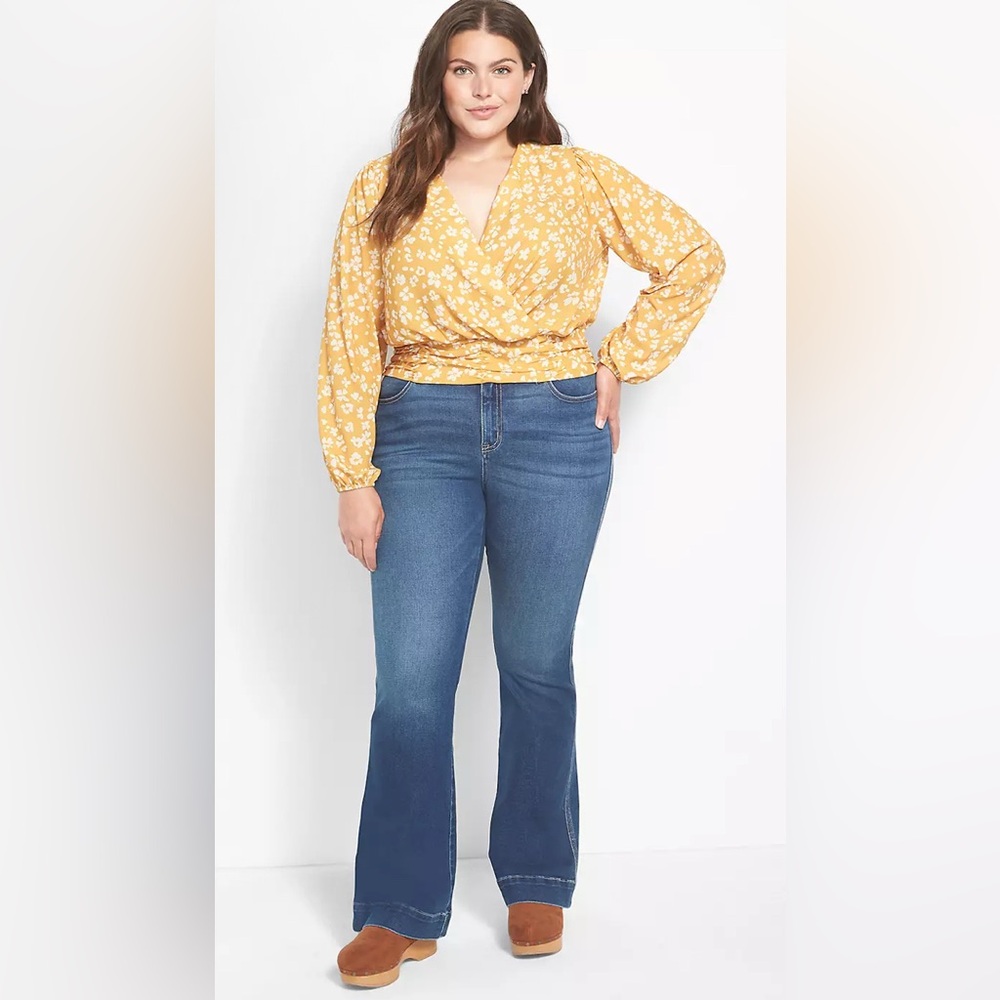 Lane Bryant Long‎ Sleeve Floral Print Cropped Blouse Top in Marigold Size 20